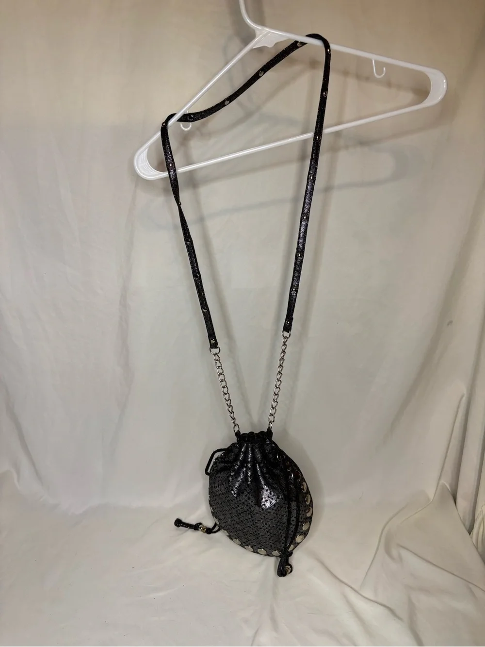 Candies Black and Silver Women's Drawstring Crossbody Bag Long Spaghetti Strap
